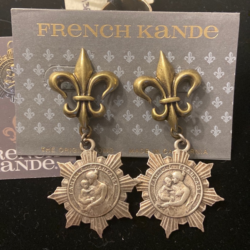 Custom French Kande earrings with Patrie medallion NWT